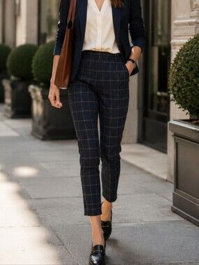 Banana Republic Navy Windowpane Chino Pants Ankle Length Career Office Trousers